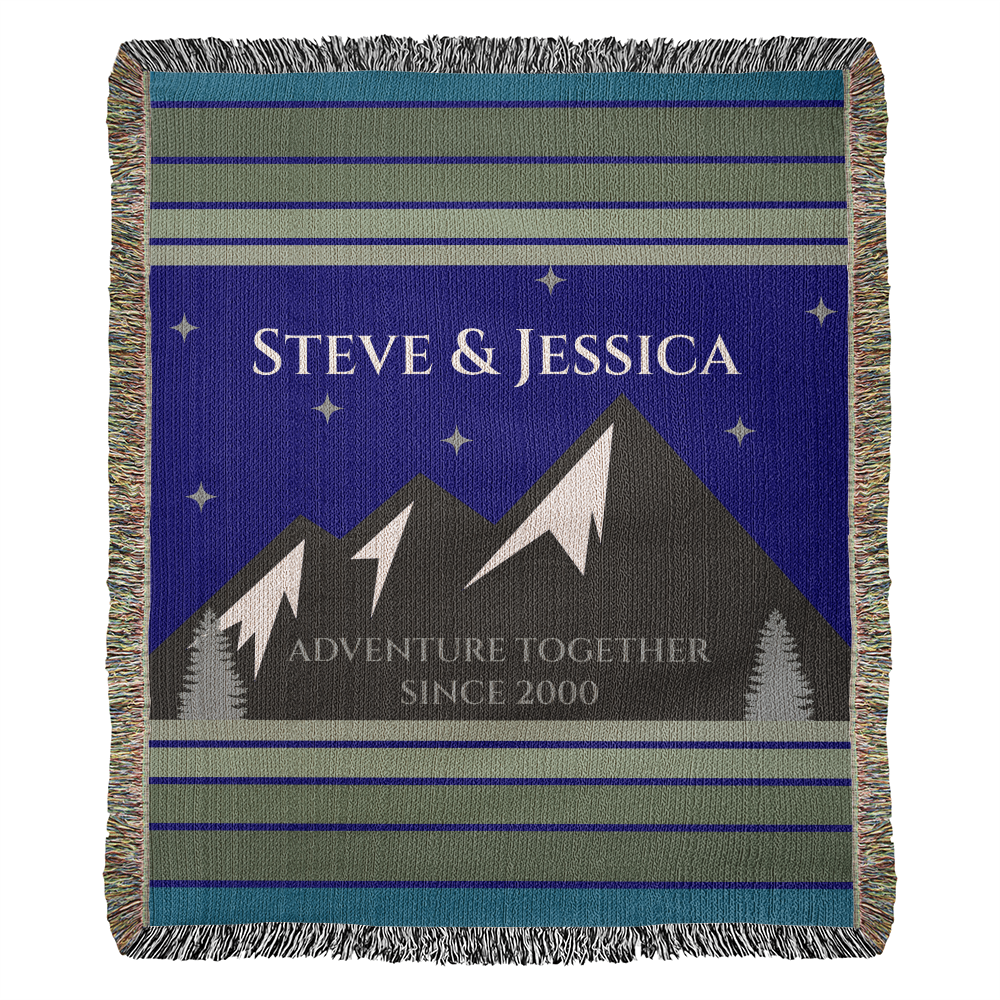 Personalized Mountain Adventure Woven Blanket – Custom Couples Camping Gift, Fleece/Sherpa Throw