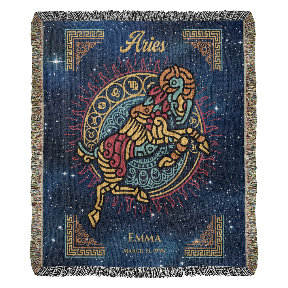 Personalized Aries Zodiac Woven Blanket – Astrology Gift, Custom Fleece/Sherpa Throw