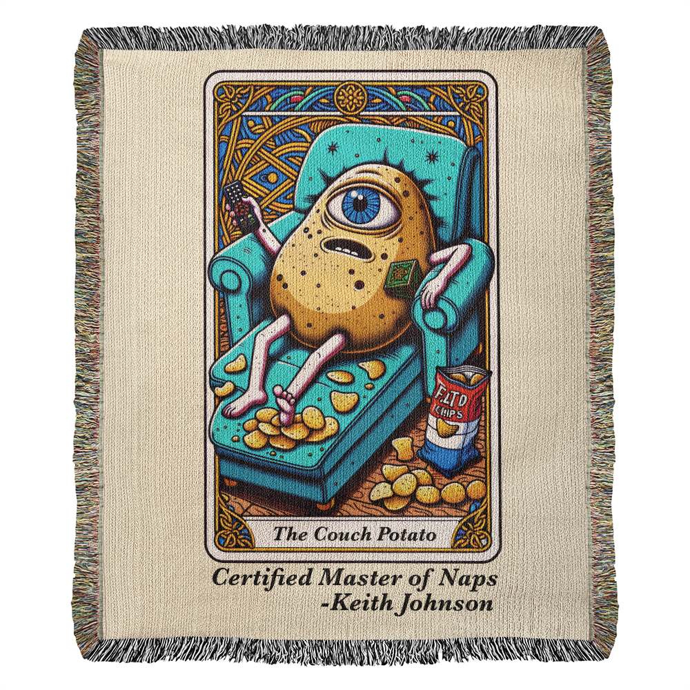 Personalized Couch Potato Tarot Card Woven Blanket – Custom Lazy Day Gift, Fleece/Sherpa Throw