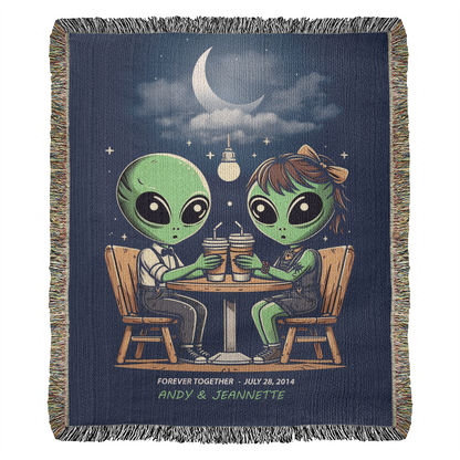 Personalized Alien Couple Coffee Shop Woven Blanket Custom Romantic Gift Throw