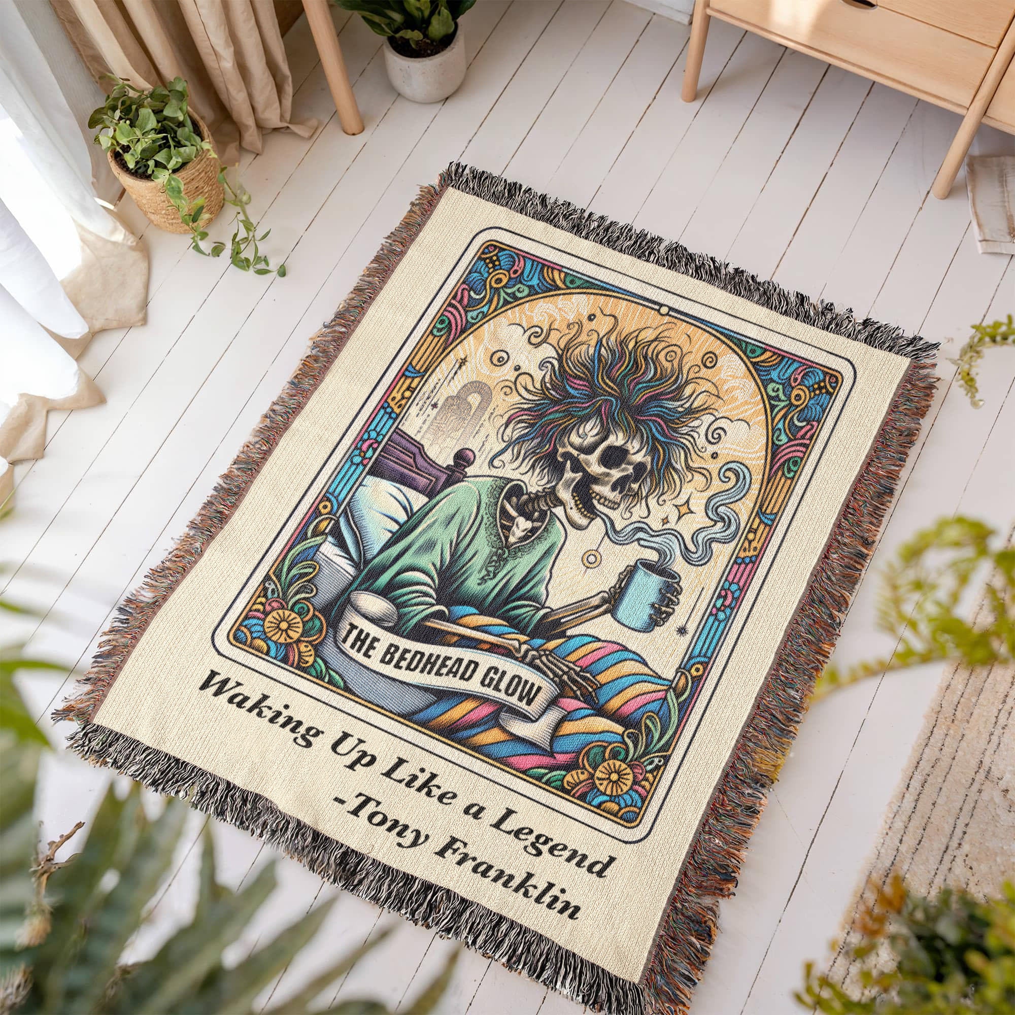 Personalized Bedhead Glow Tarot Card Woven Blanket – Custom Skeleton Gift, Fleece/Sherpa Throw