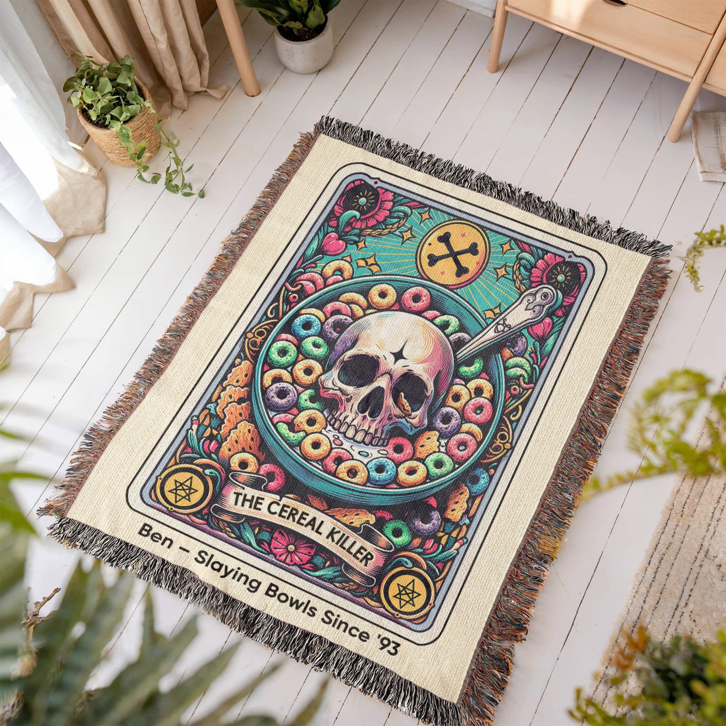Personalized Cereal Killer Tarot Card Woven Blanket Custom Funny Gift Throw