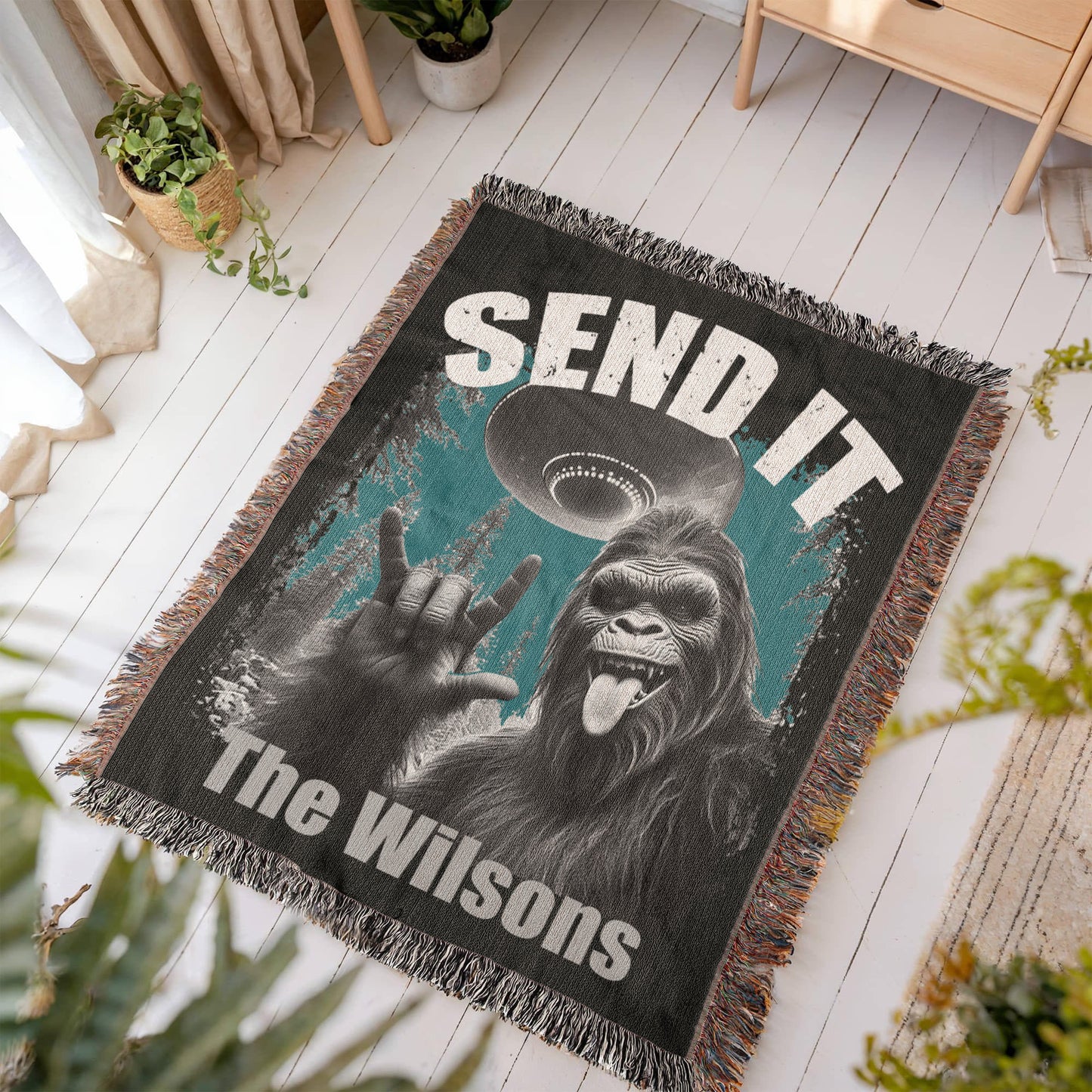 Personalized Bigfoot “Send It” Woven Blanket Custom Funny Gift Throw
