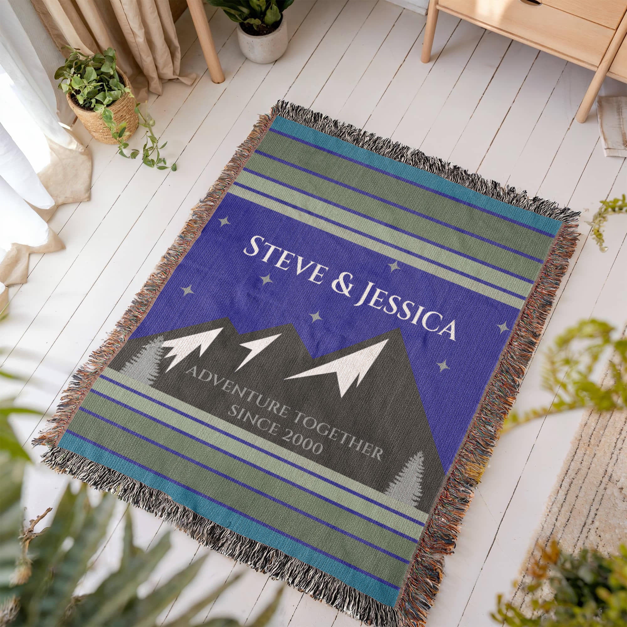 Personalized Mountain Adventure Woven Blanket – Custom Couples Camping Gift, Fleece/Sherpa Throw