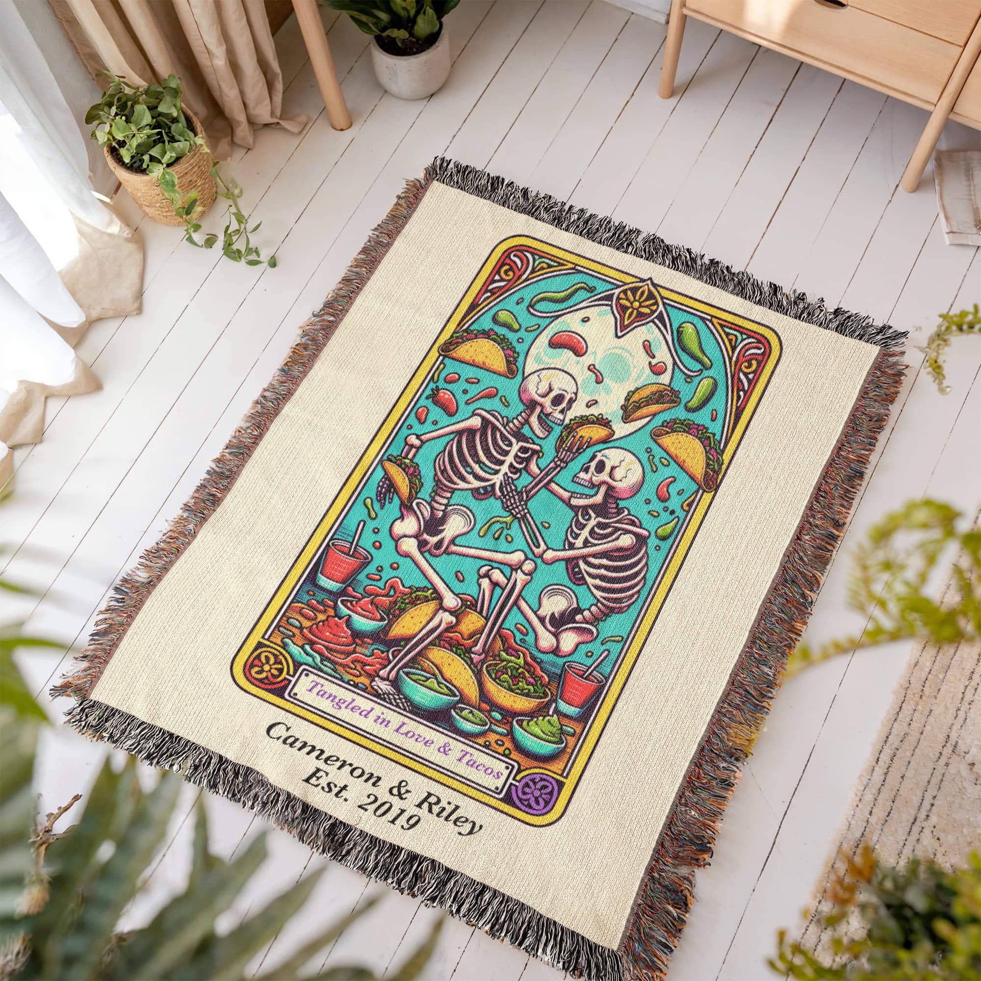 Personalized Love and Tacos Tarot Card Woven Blanket – Custom Couple Gift, Fleece/Sherpa Throw