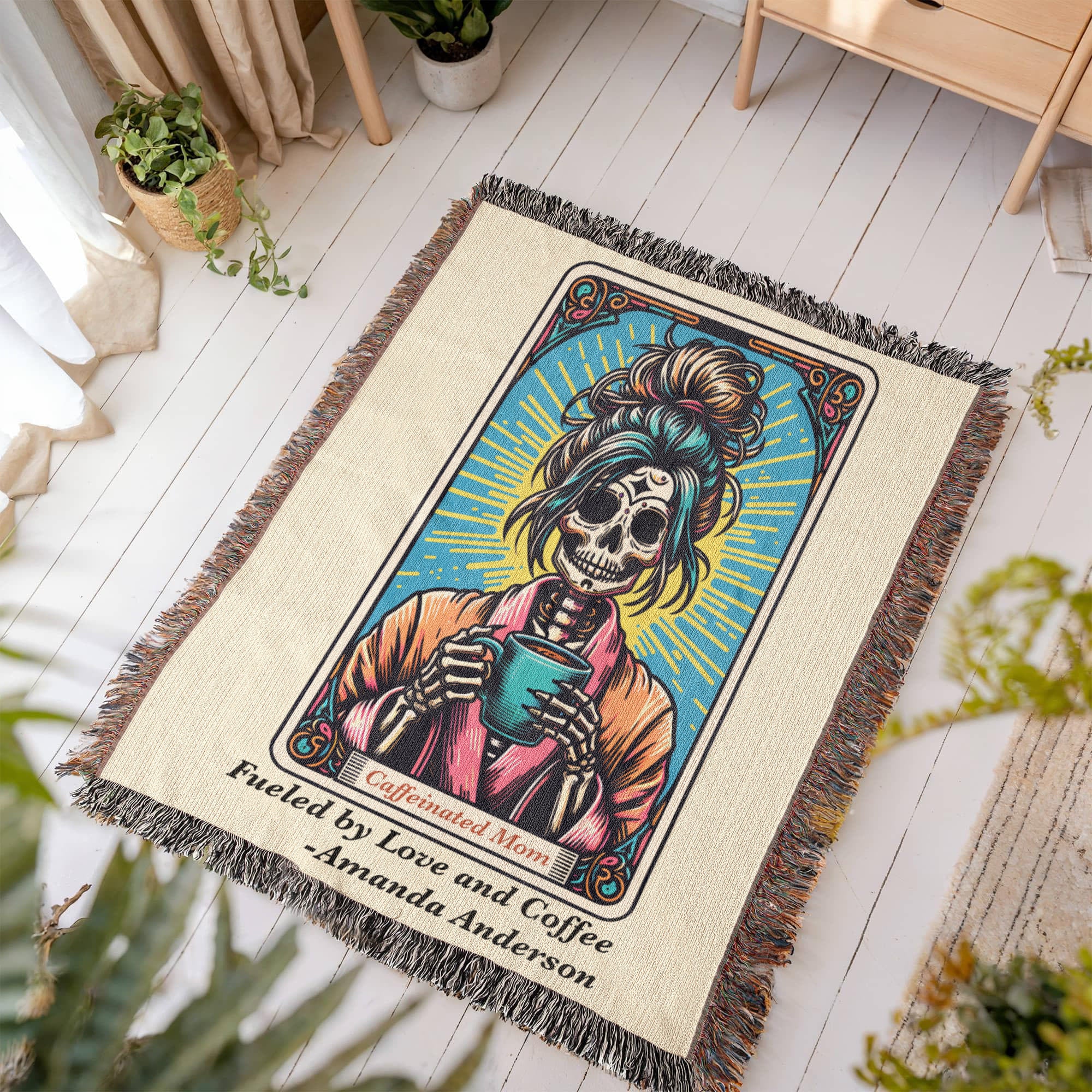 Personalized Caffeinated Mom Tarot Card Woven Blanket – Custom Skeleton Gift, Fleece/Sherpa Throw