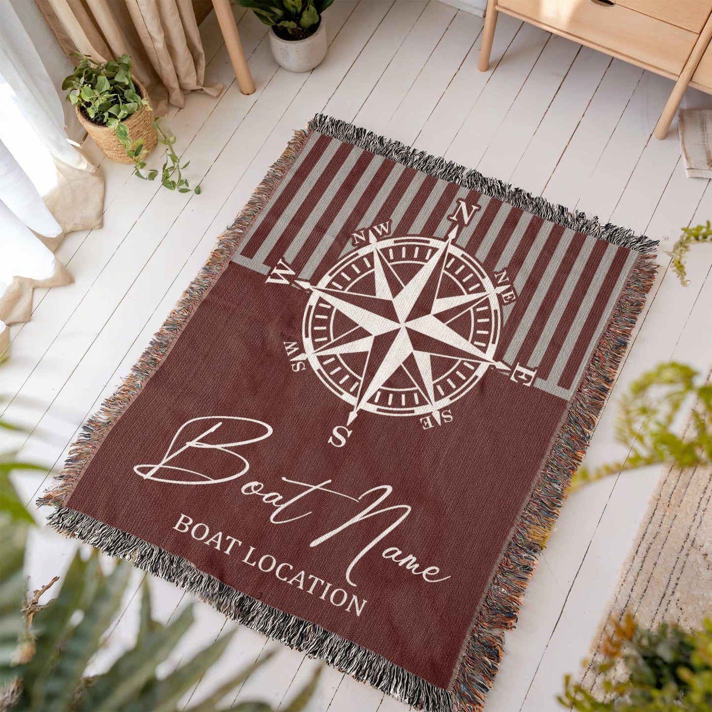 Personalized Nautical Compass Woven Blanket Custom Boat Name and Location Throw