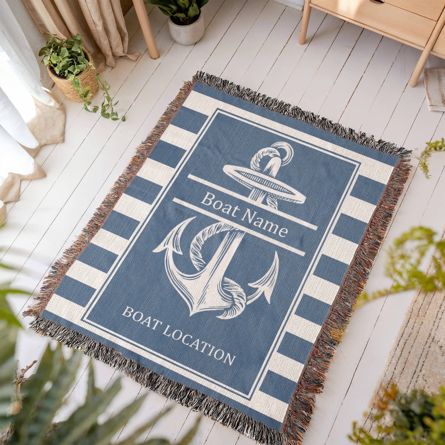 Personalized Anchor Woven Blanket  Custom Boat Name Location Throw