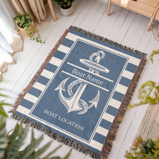 Personalized Anchor Woven Blanket  Custom Boat Name Location Throw