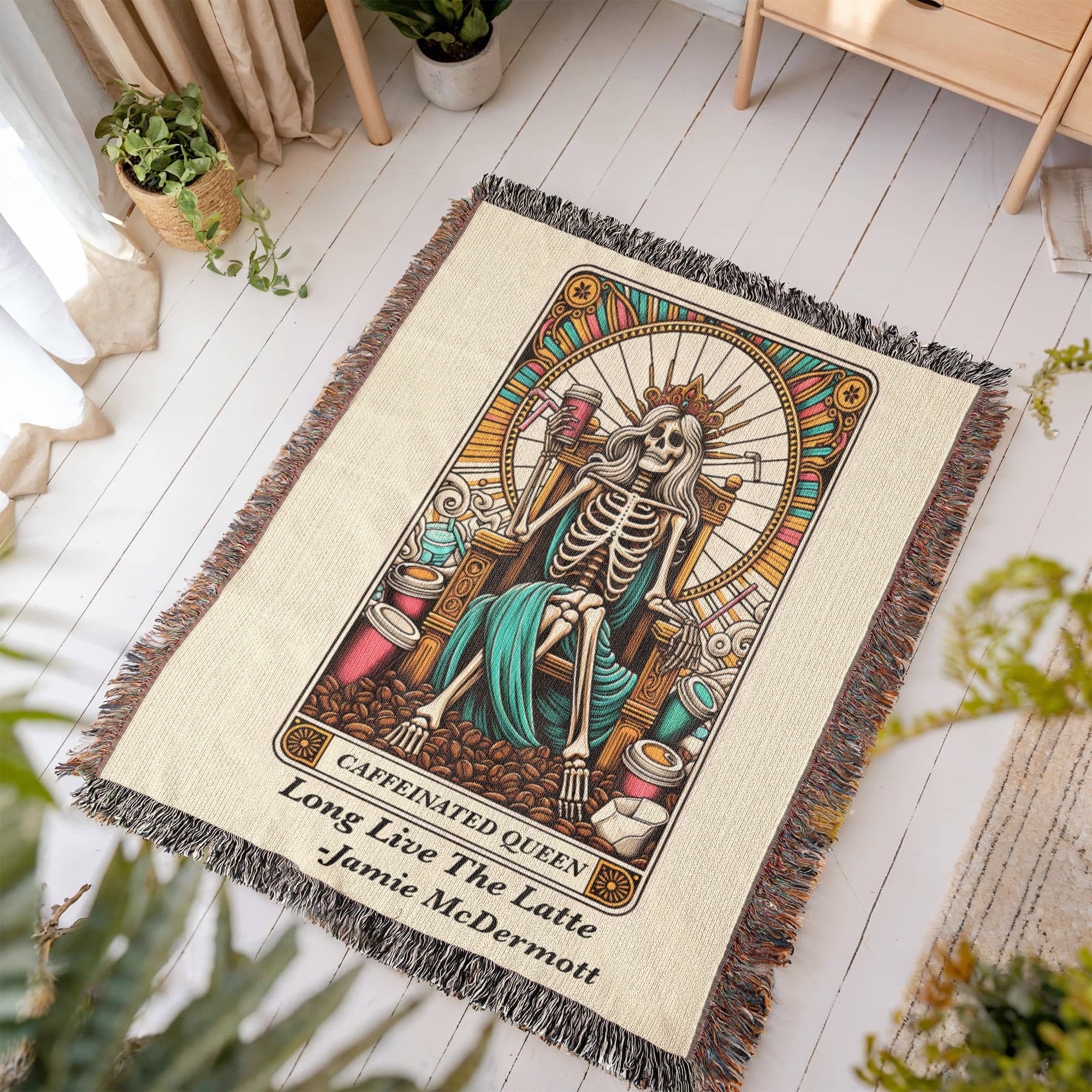 Personalized Caffeinated Queen Tarot Card Woven Blanket – Custom Gift, Fleece/Sherpa Throw