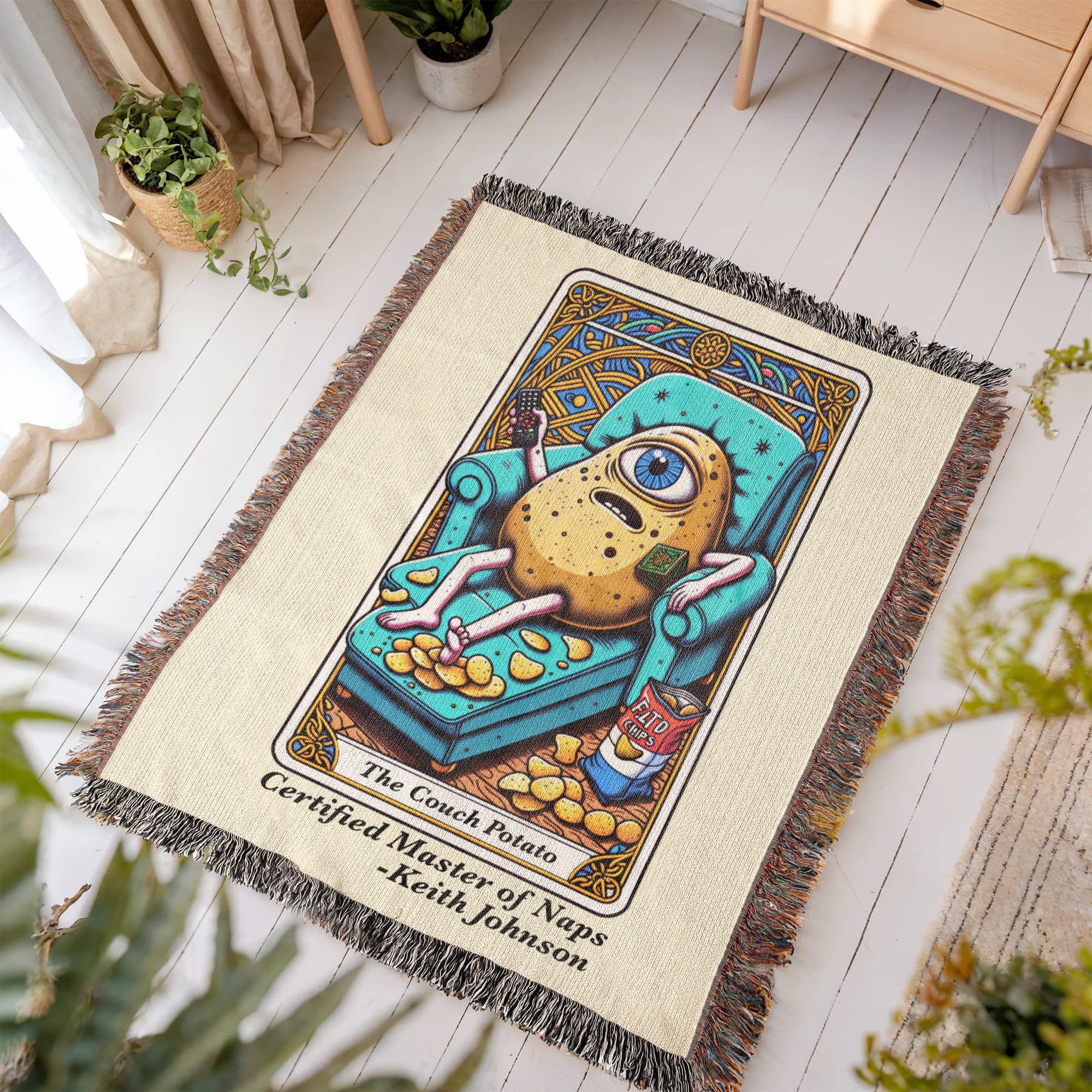 Personalized Couch Potato Tarot Card Woven Blanket – Custom Lazy Day Gift, Fleece/Sherpa Throw