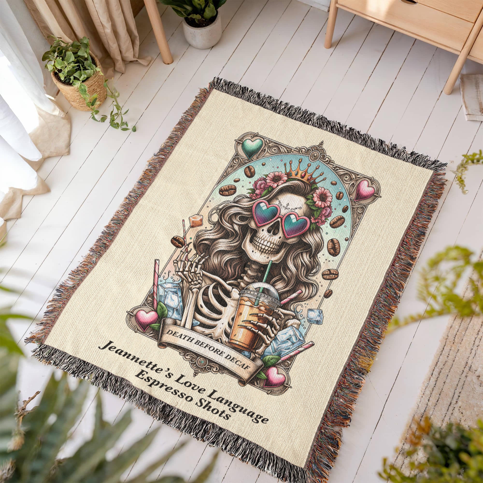 Personalized Death Before Decaf Tarot Card Woven Blanket – Custom Coffee Lover Gift, Fleece/Sherpa Throw
