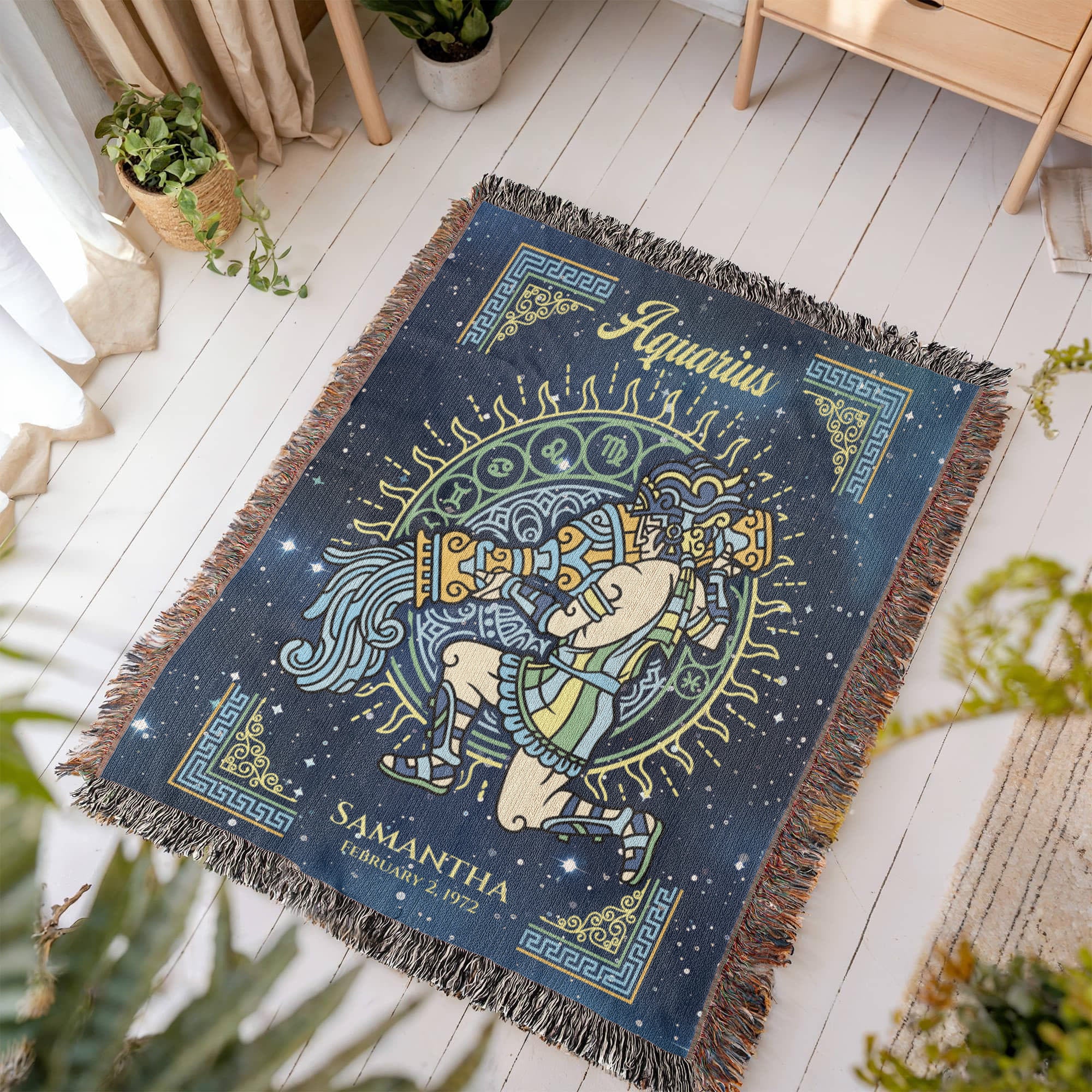 Personalized Aquarius Zodiac Woven Blanket – Astrology Gift, Custom Fleece/Sherpa Throw