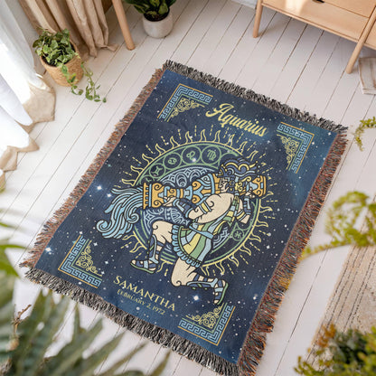 Personalized Aquarius Zodiac Woven Blanket Astrology Gift Custom Throw
