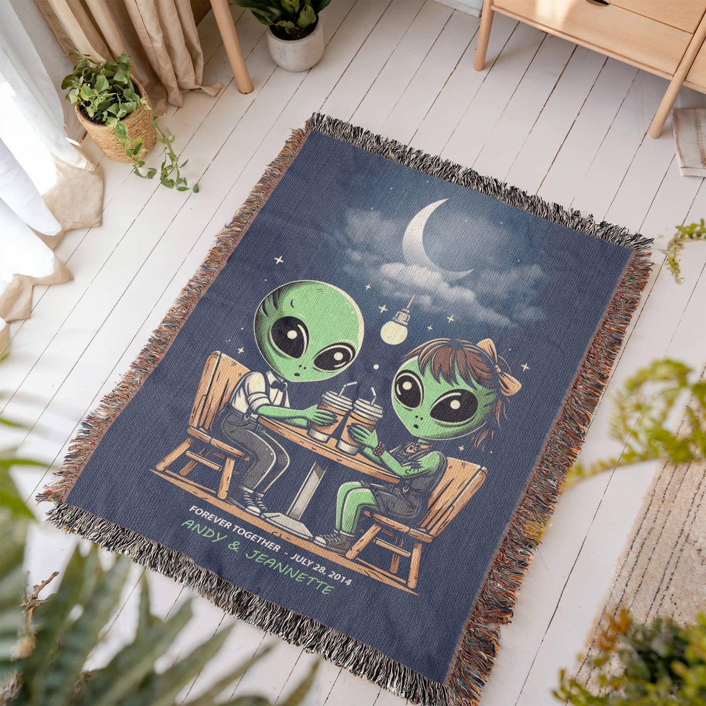 Personalized Alien Couple Coffee Shop Woven Blanket Custom Romantic Gift Throw