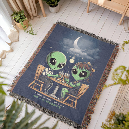 Personalized Alien Couple Coffee Shop Woven Blanket Custom Romantic Gift Throw