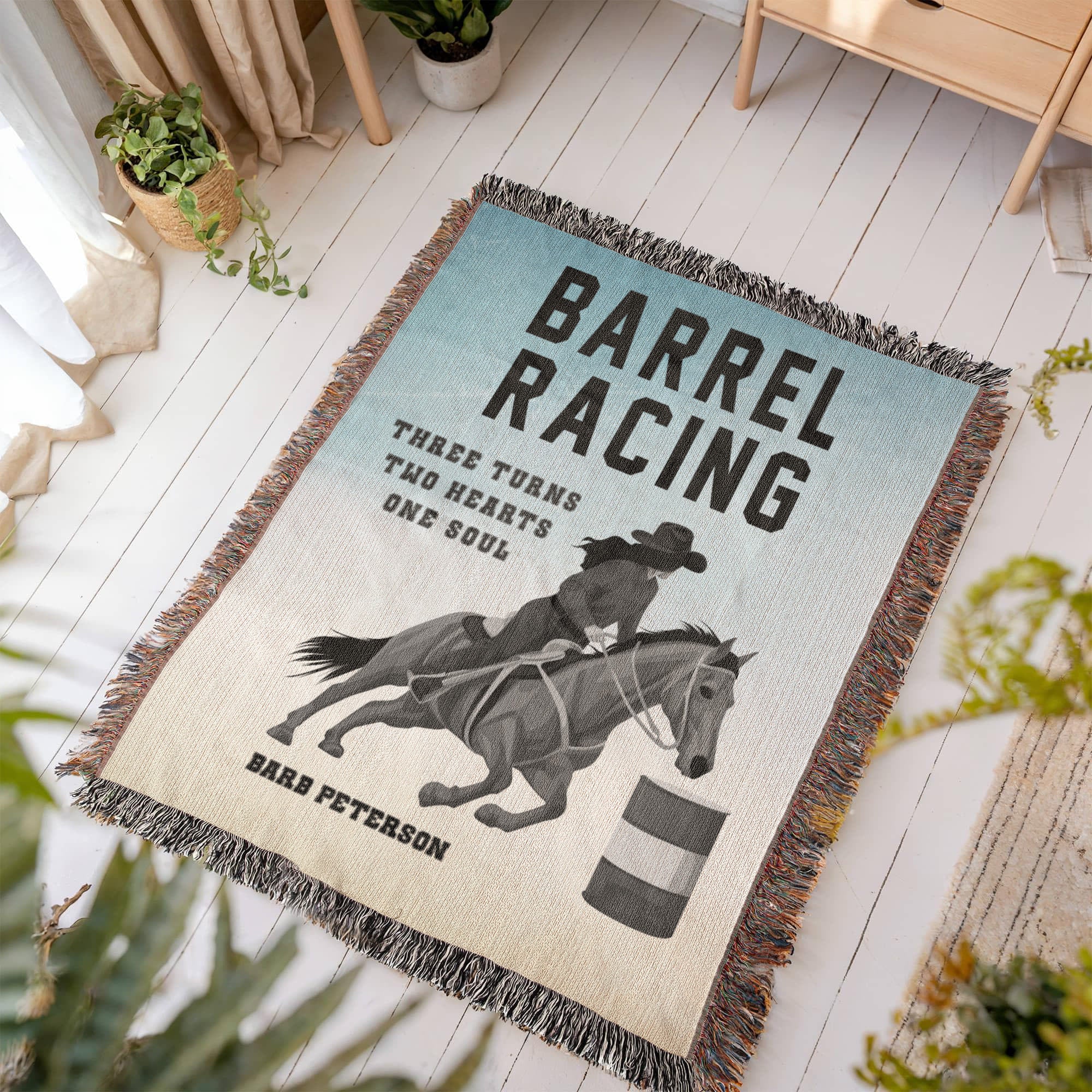 Personalized Barrel Racing Woven Blanket – Cowgirl Gift, Custom Fleece/Sherpa Throw
