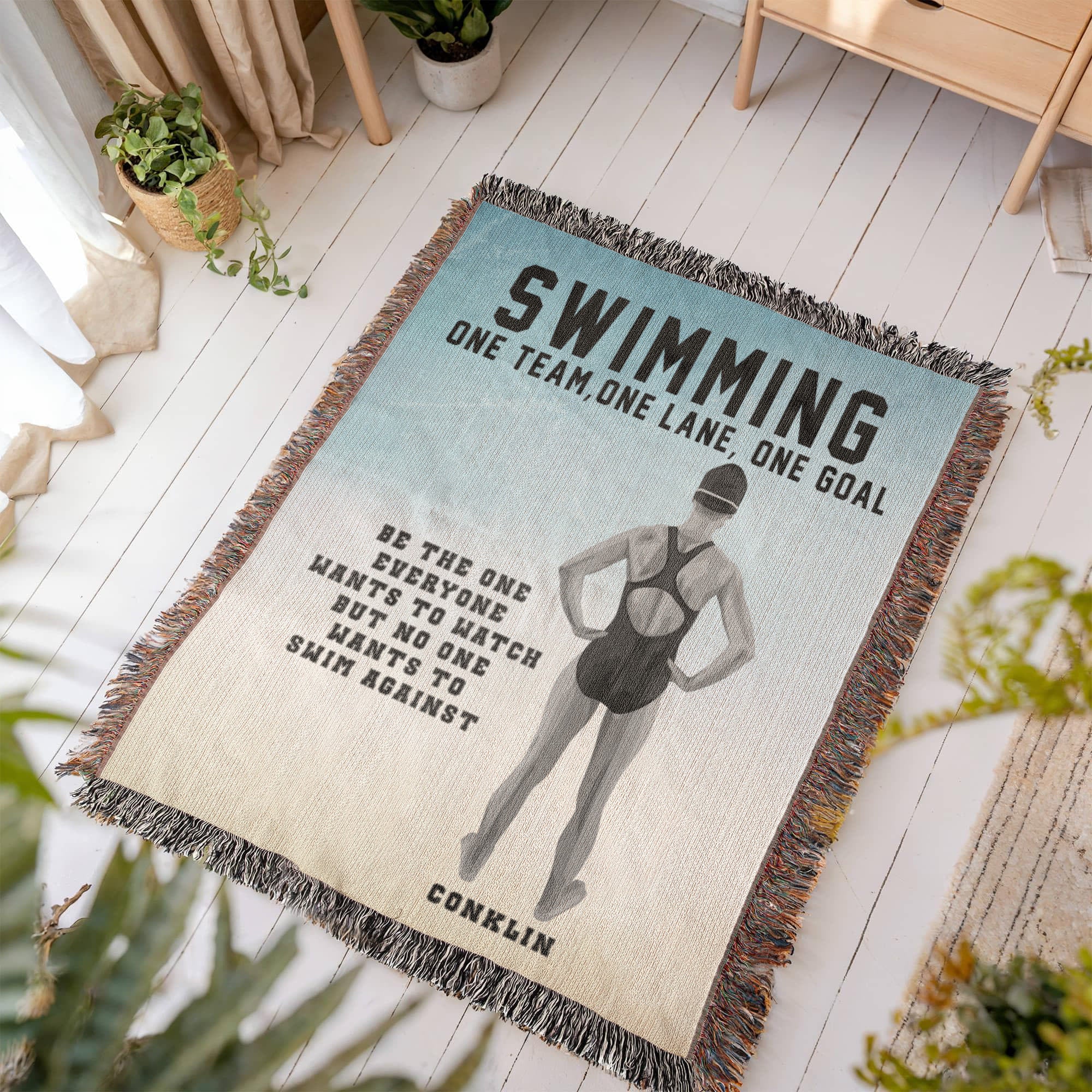 Personalized Girls Swimming Woven Blanket – Custom Swimmer Gift, Fleece/Sherpa Throw