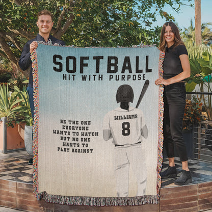 Personalized Girls Softball Woven Blanket Custom Softball Gift Throw