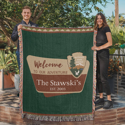 Personalized National Park Camping Woven Blanket Custom Family Adventure Throw
