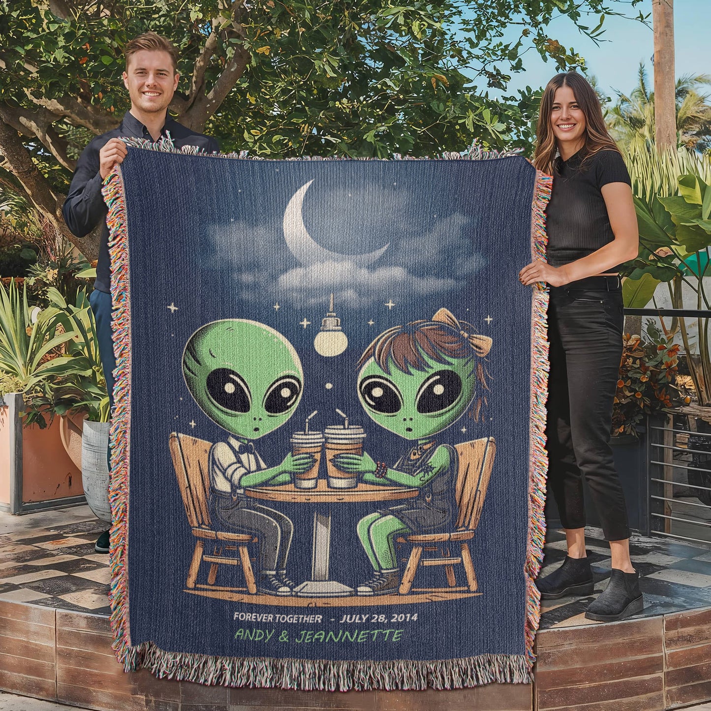 Personalized Alien Couple Coffee Shop Woven Blanket Custom Romantic Gift Throw