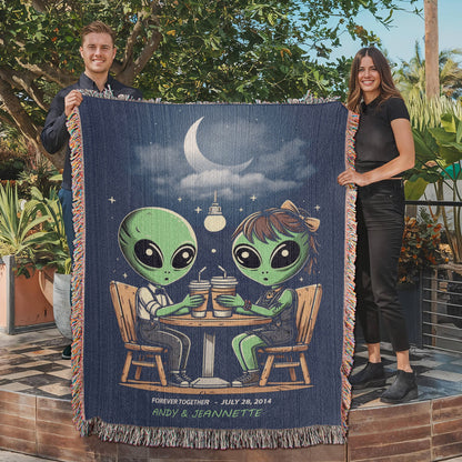 Personalized Alien Couple Coffee Shop Woven Blanket Custom Romantic Gift Throw