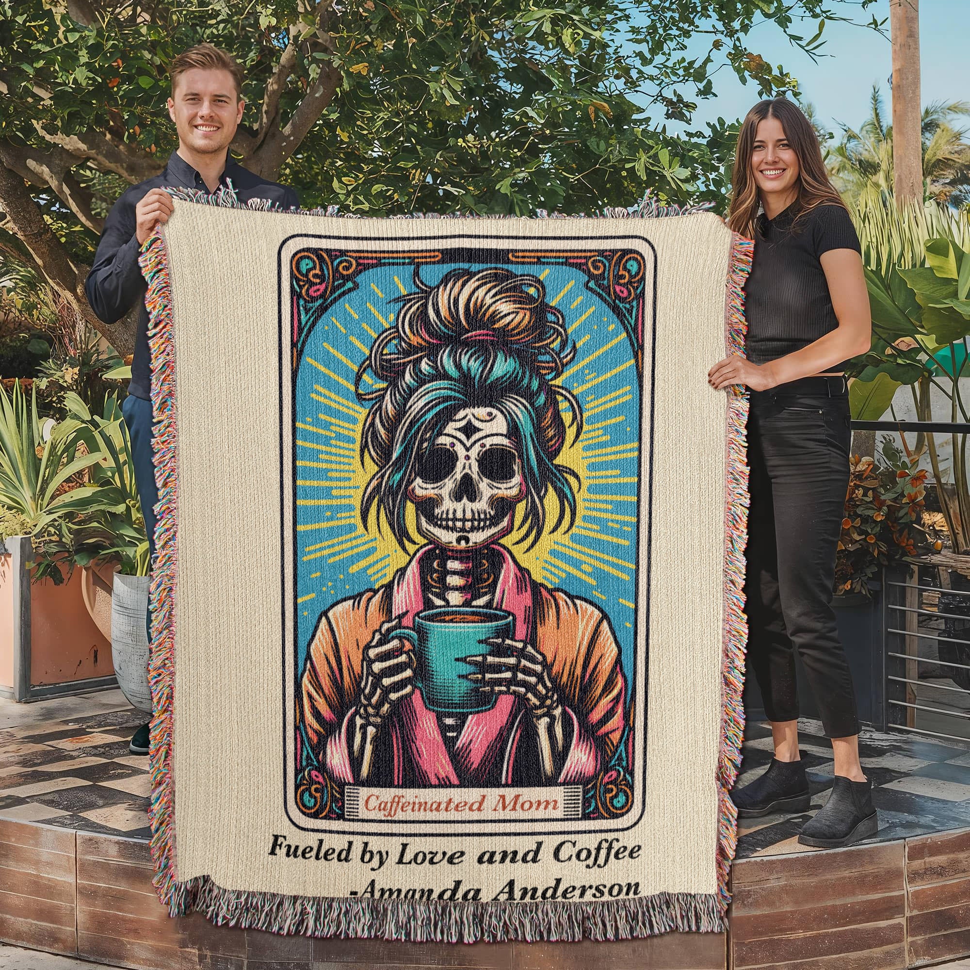 Personalized Caffeinated Mom Tarot Card Woven Blanket – Custom Skeleton Gift, Fleece/Sherpa Throw