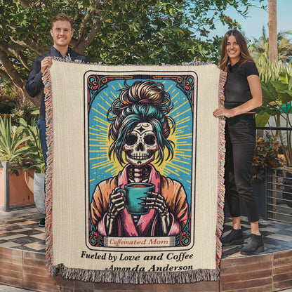 Personalized Caffeinated Mom Tarot Card Woven Blanket Custom Skeleton Gift Throw