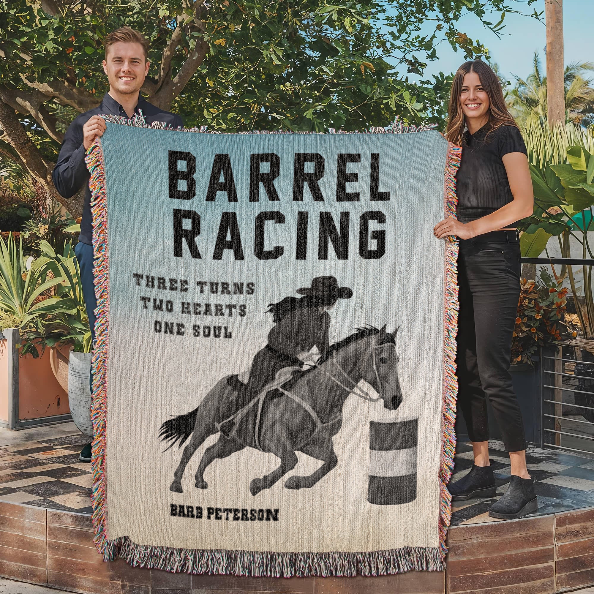 Personalized Barrel Racing Woven Blanket – Cowgirl Gift, Custom Fleece/Sherpa Throw