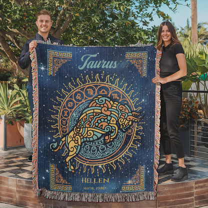 Personalized Taurus Zodiac Woven Blanket Astrology Gift Custom Throw