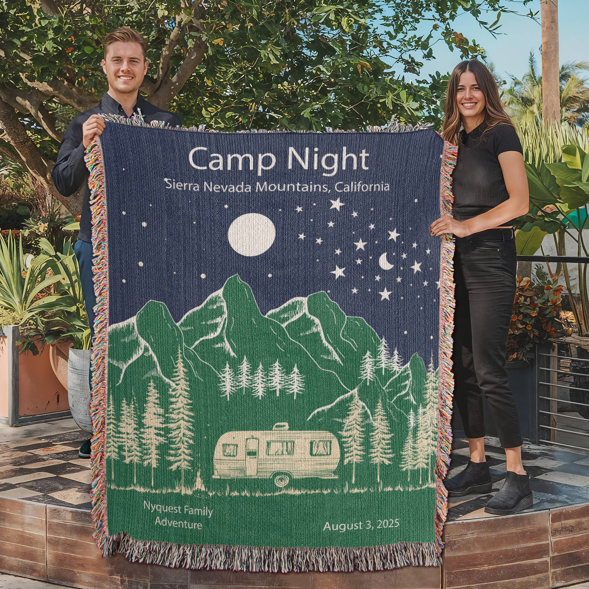 Personalized Camper Night Woven Blanket – Custom RV Adventure Gift, Fleece/Sherpa Throw