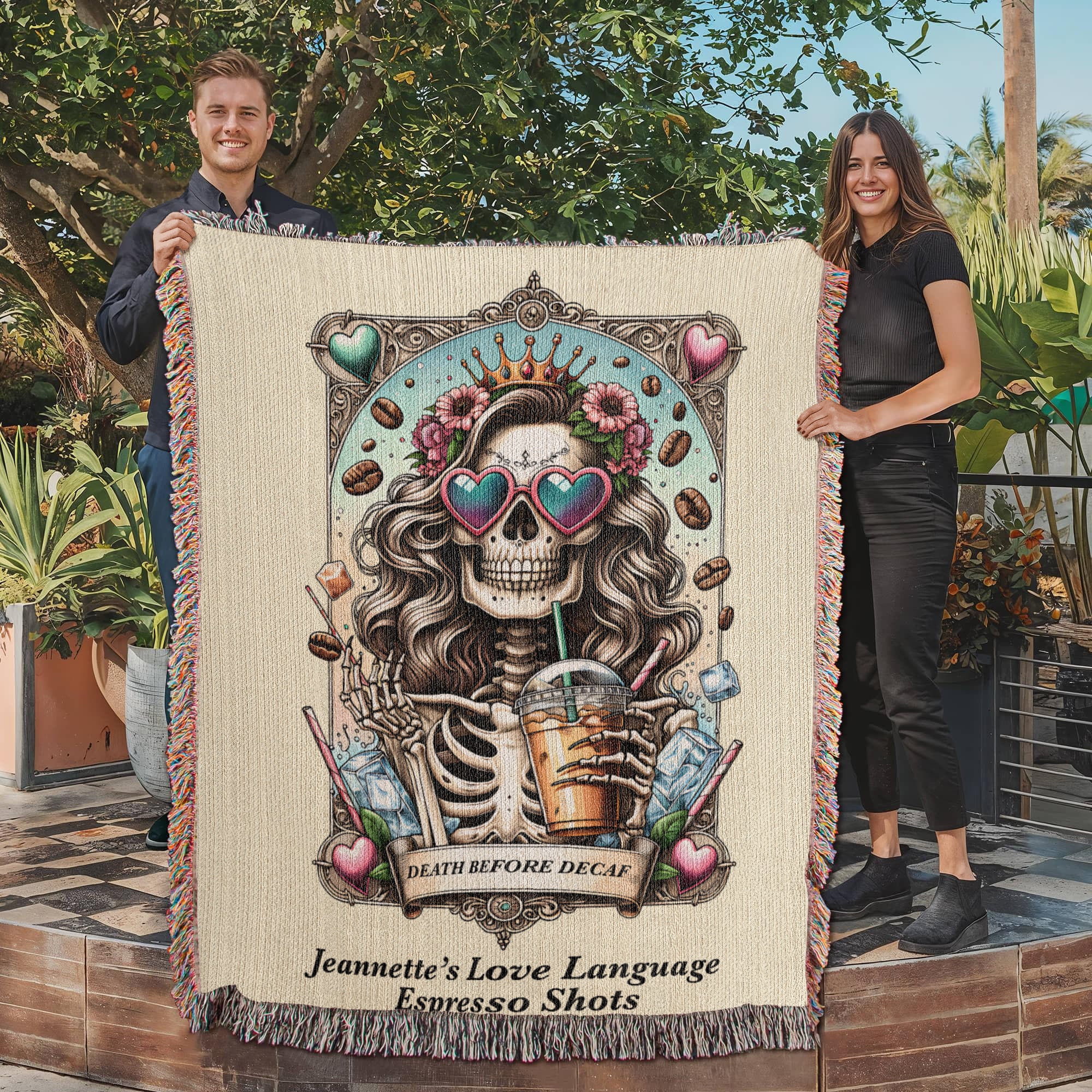 Personalized Death Before Decaf Tarot Card Woven Blanket – Custom Coffee Lover Gift, Fleece/Sherpa Throw