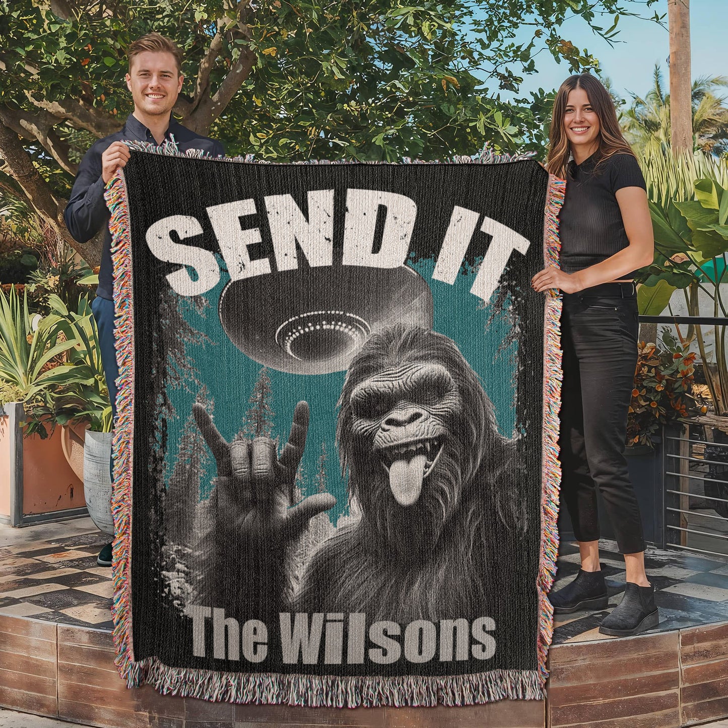 Personalized Bigfoot “Send It” Woven Blanket Custom Funny Gift Throw