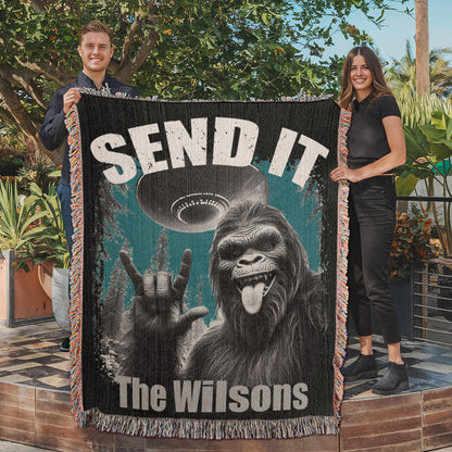 Personalized Bigfoot “Send It” Woven Blanket Custom Funny Gift Throw
