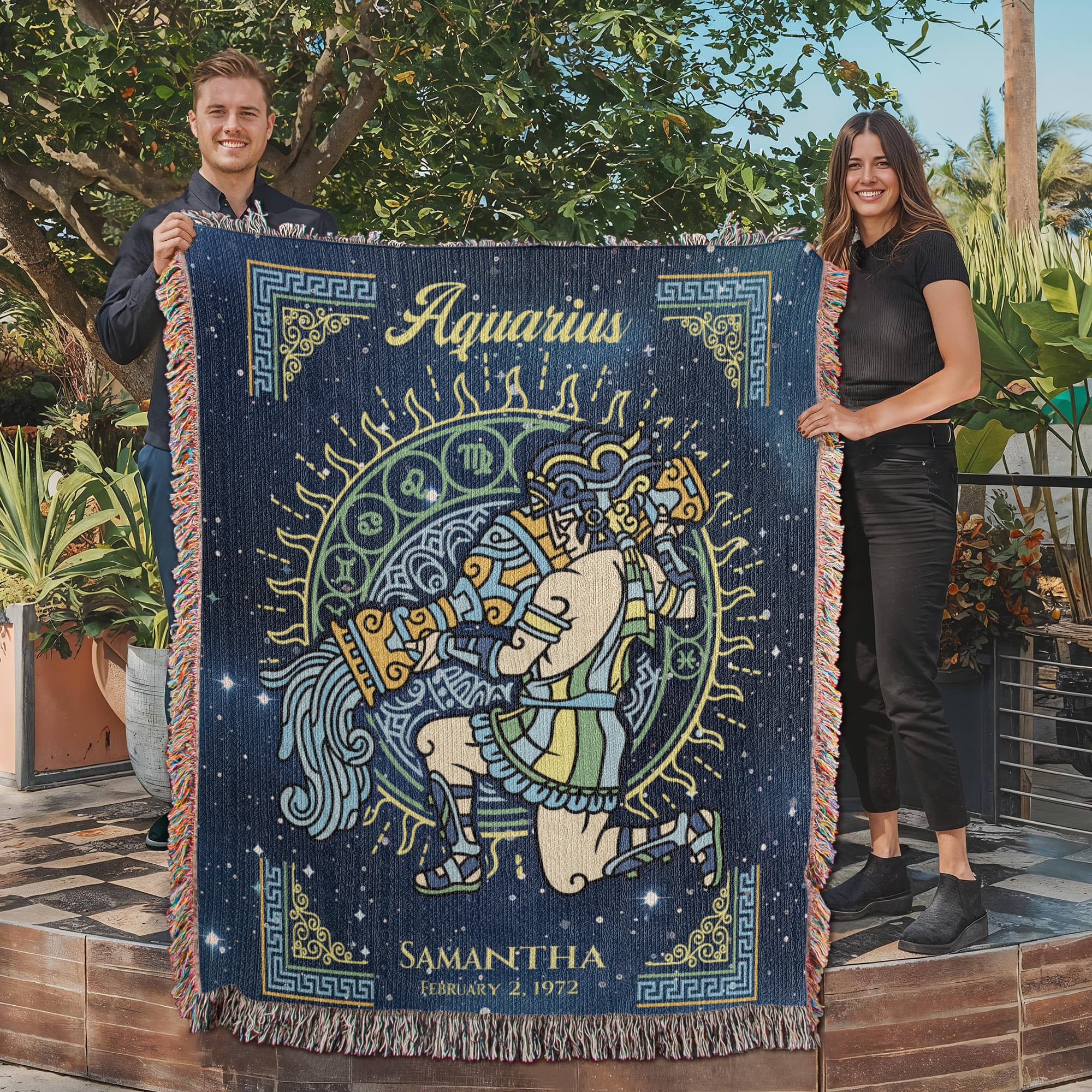 Personalized Aquarius Zodiac Woven Blanket – Astrology Gift, Custom Fleece/Sherpa Throw