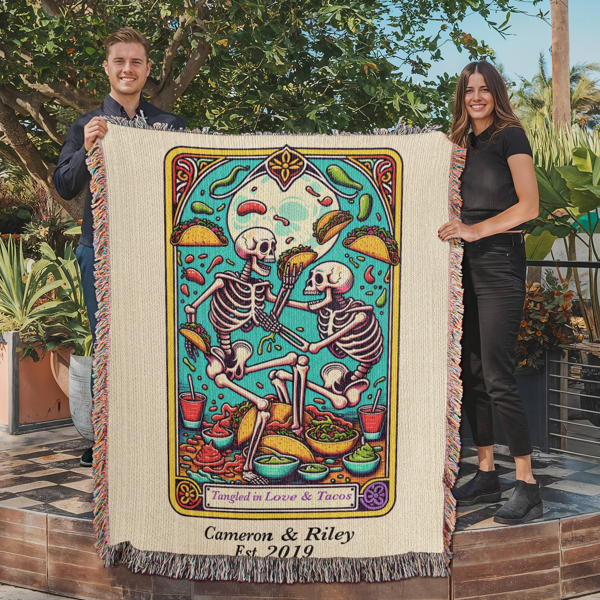 Personalized Love and Tacos Tarot Card Woven Blanket – Custom Couple Gift, Fleece/Sherpa Throw