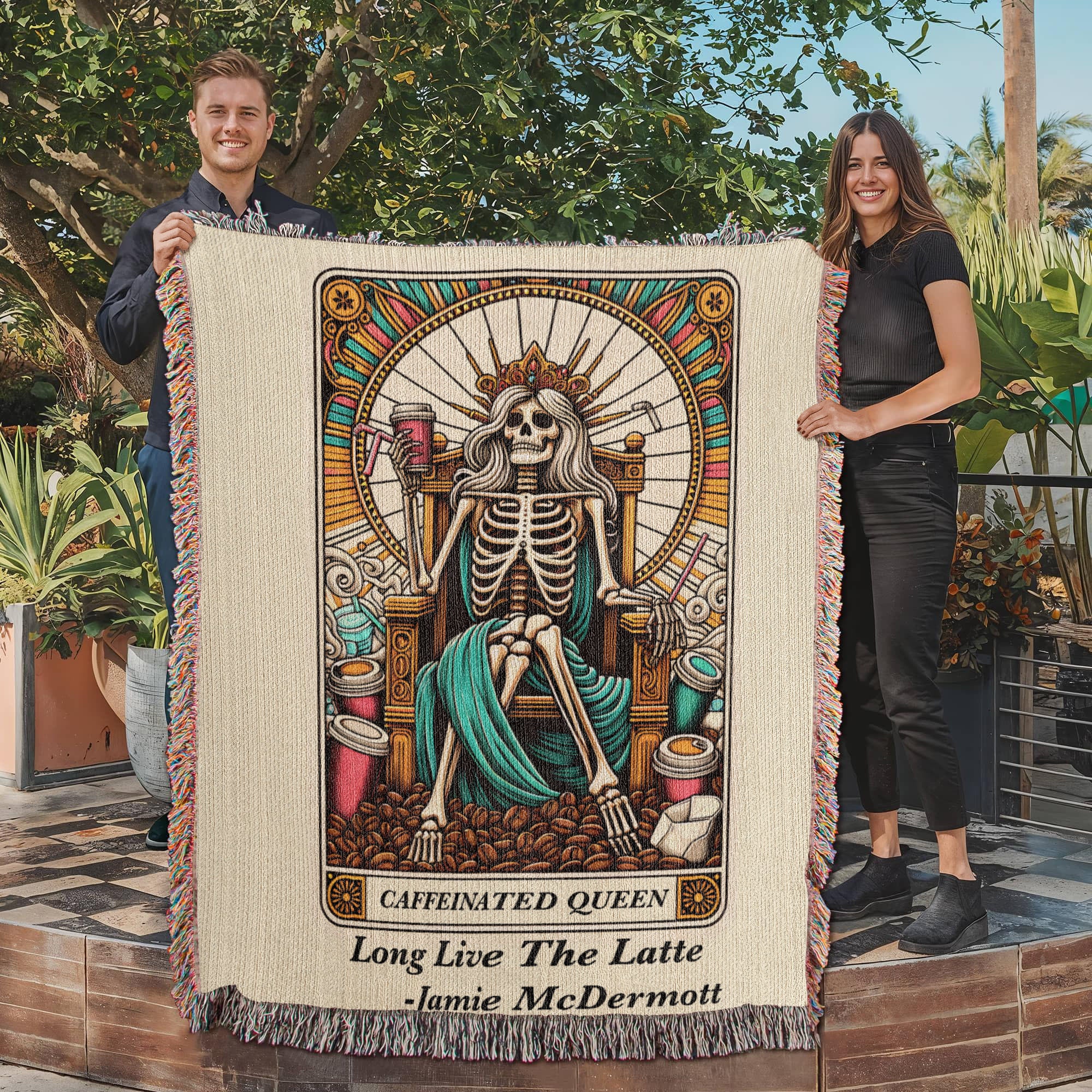 Personalized Caffeinated Queen Tarot Card Woven Blanket – Custom Gift, Fleece/Sherpa Throw