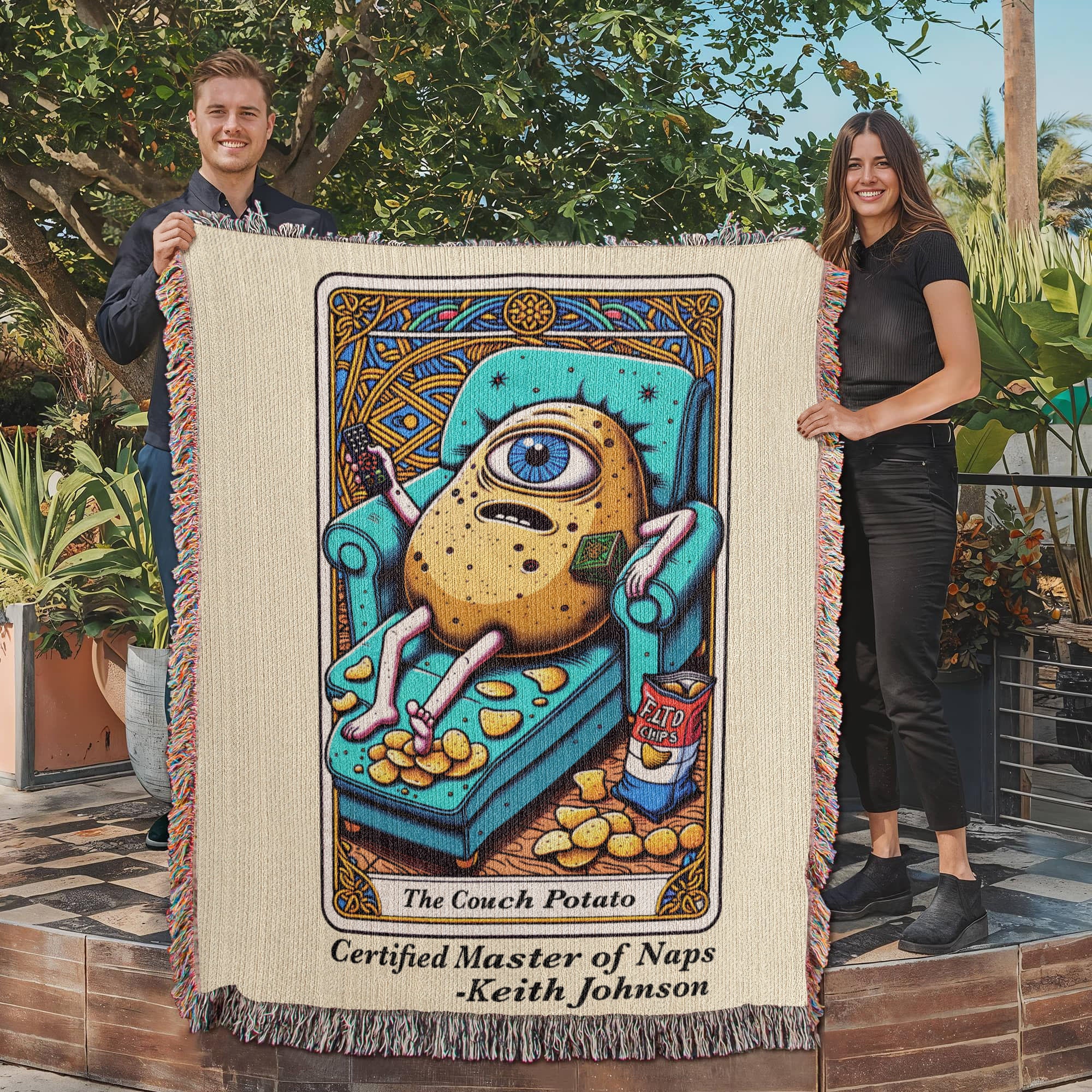 Personalized Couch Potato Tarot Card Woven Blanket – Custom Lazy Day Gift, Fleece/Sherpa Throw
