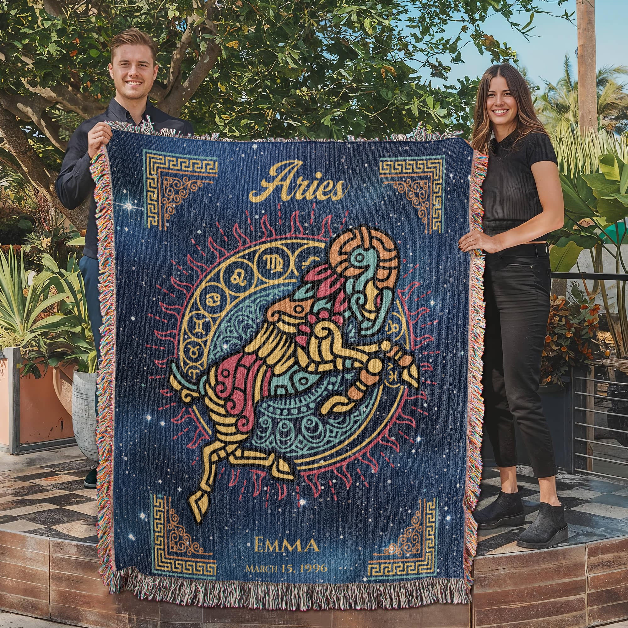 Personalized Aries Zodiac Woven Blanket – Astrology Gift, Custom Fleece/Sherpa Throw