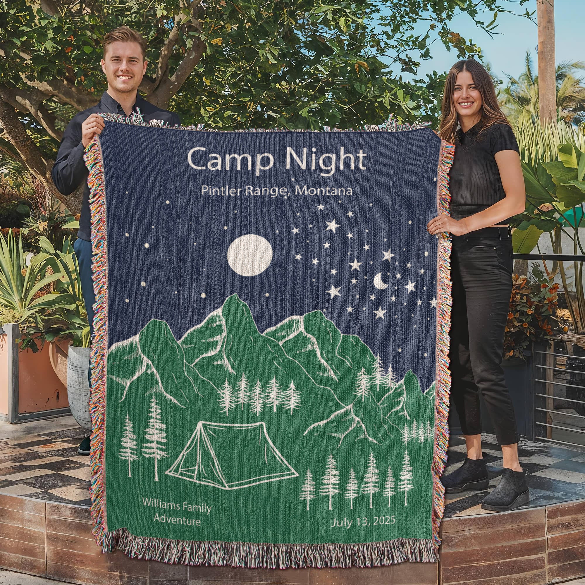 Personalized Camp Night Woven Blanket – Custom Tent Camping Gift, Fleece/Sherpa Throw