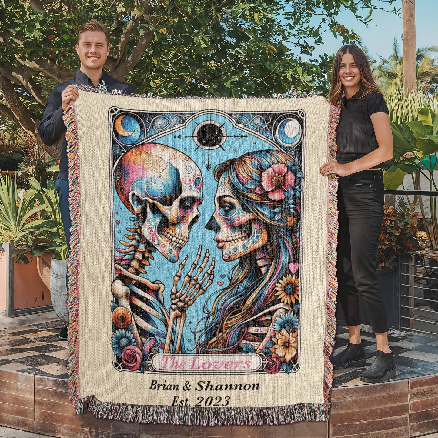 Personalized The Lovers Tarot Card Woven Blanket Custom Couple Gift Throw