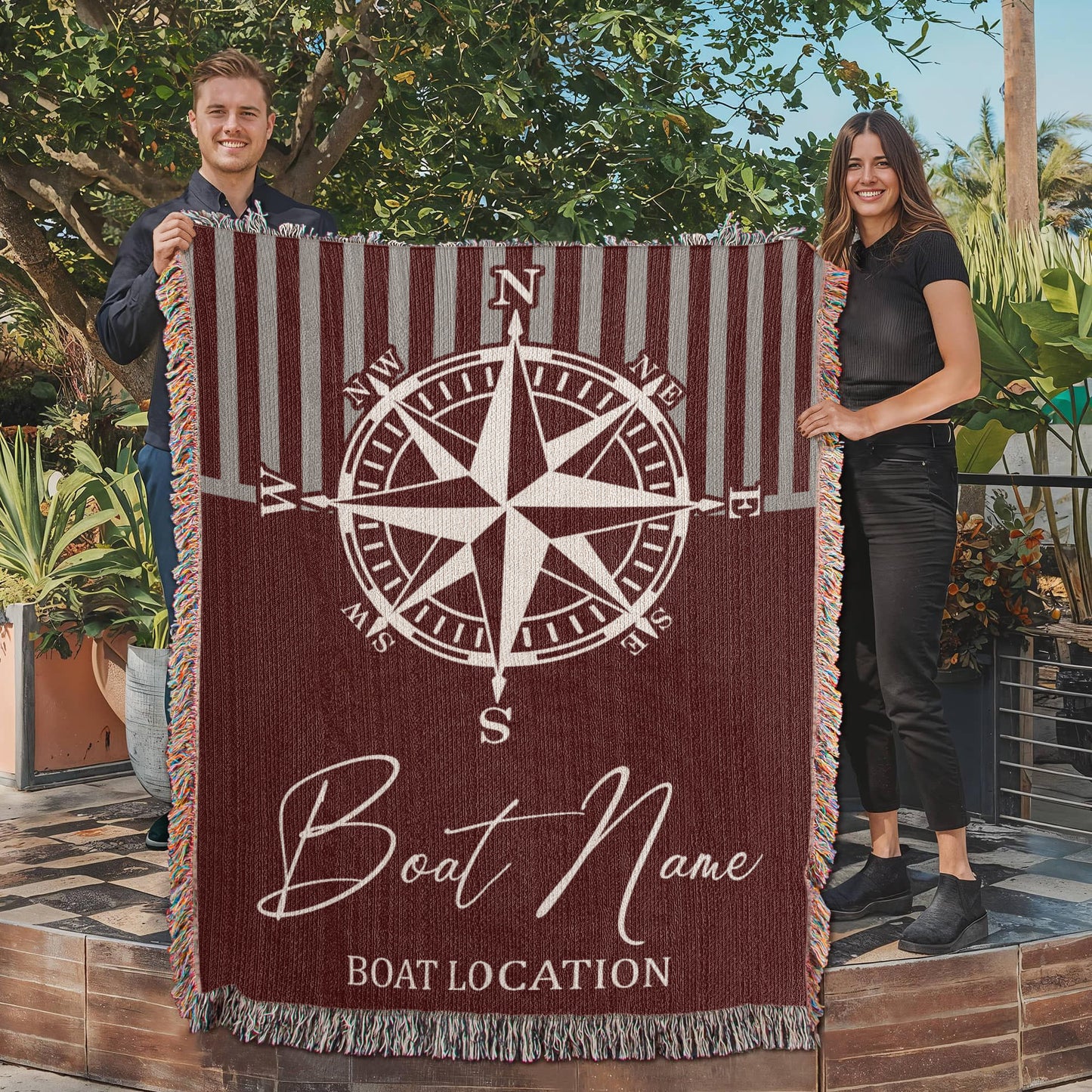 Personalized Nautical Compass Woven Blanket Custom Boat Name and Location Throw