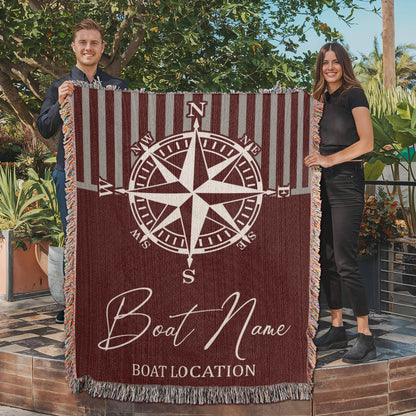 Personalized Nautical Compass Woven Blanket Custom Boat Name and Location Throw