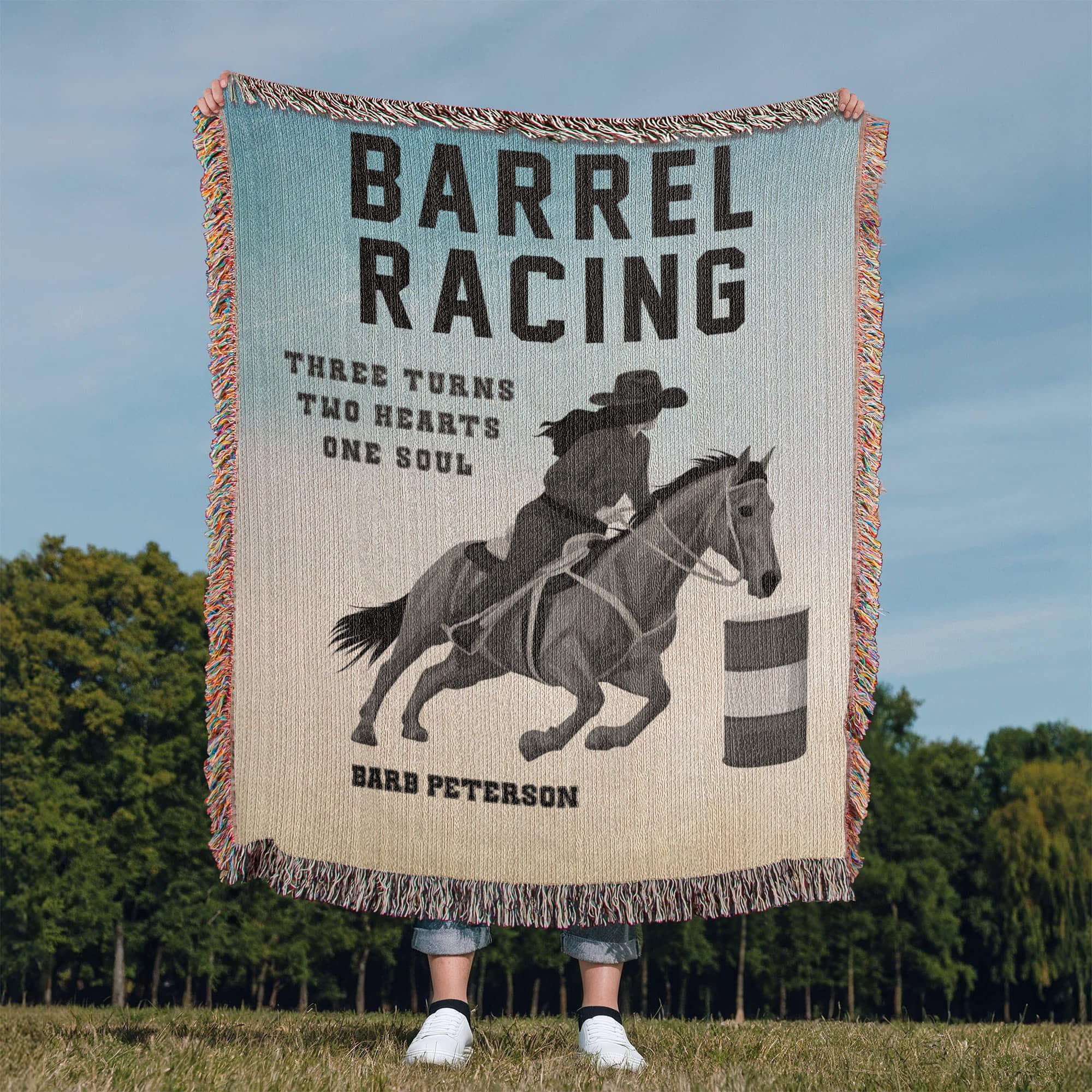 Personalized Barrel Racing Woven Blanket – Cowgirl Gift, Custom Fleece/Sherpa Throw