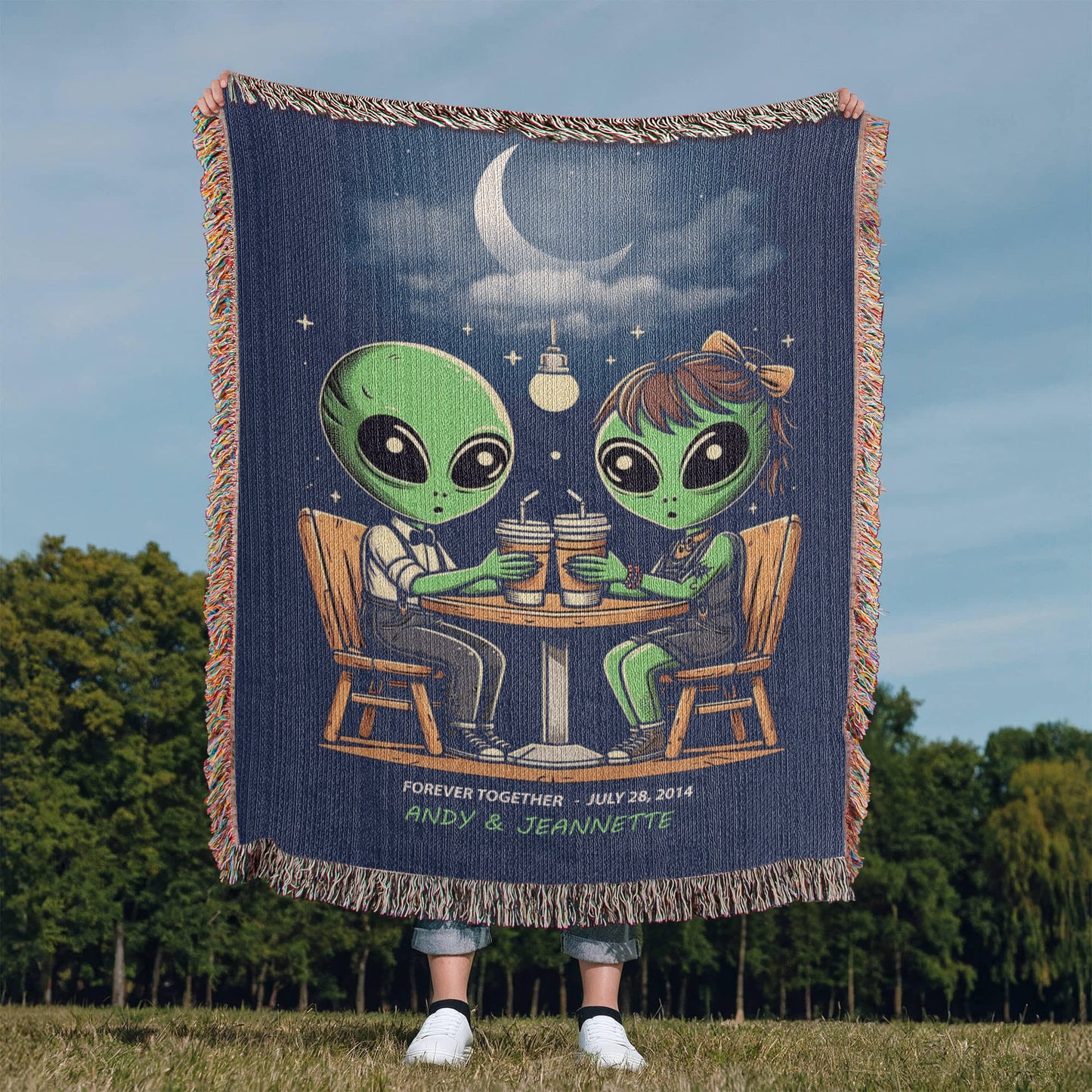 Personalized Alien Couple Coffee Shop Woven Blanket Custom Romantic Gift Throw