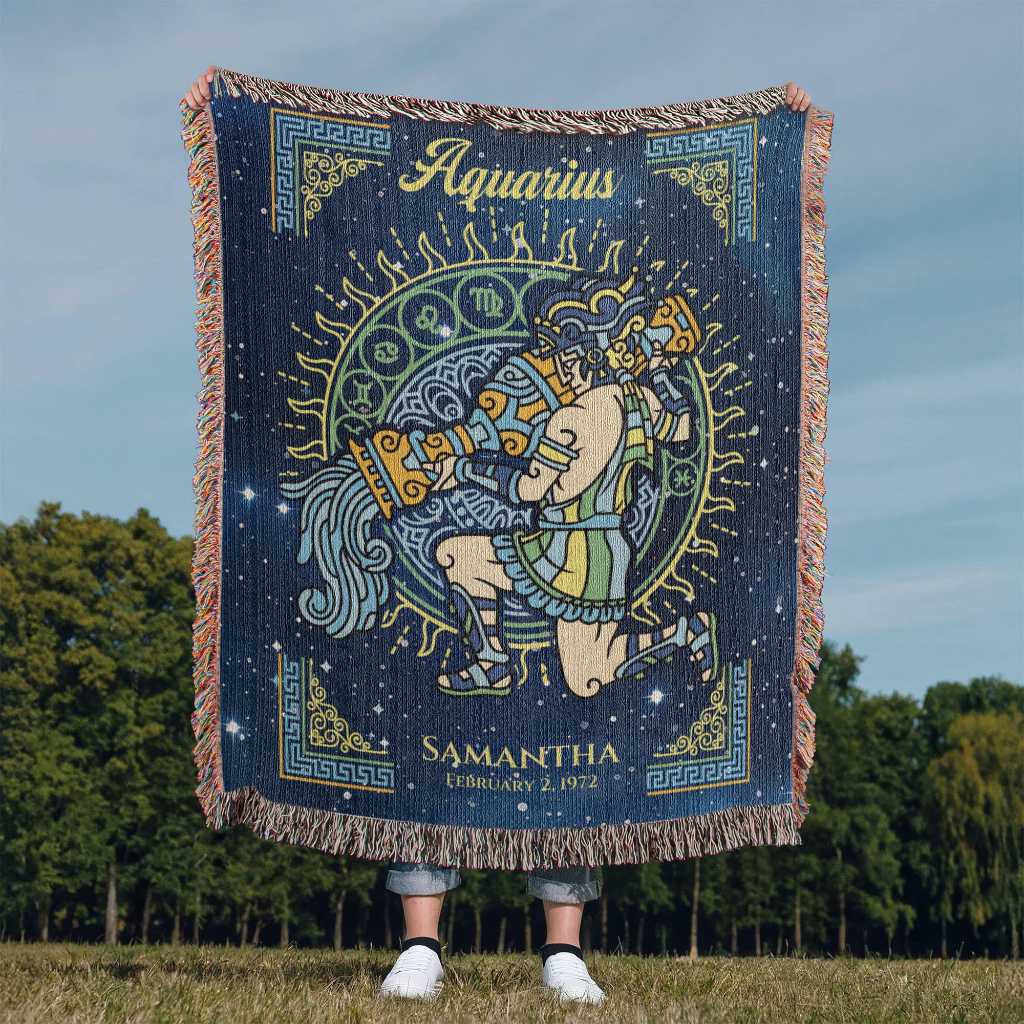 Personalized Aquarius Zodiac Woven Blanket – Astrology Gift, Custom Fleece/Sherpa Throw