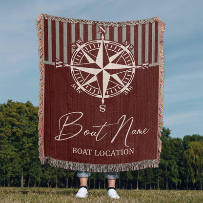 Personalized Nautical Compass Woven Blanket Custom Boat Name and Location Throw