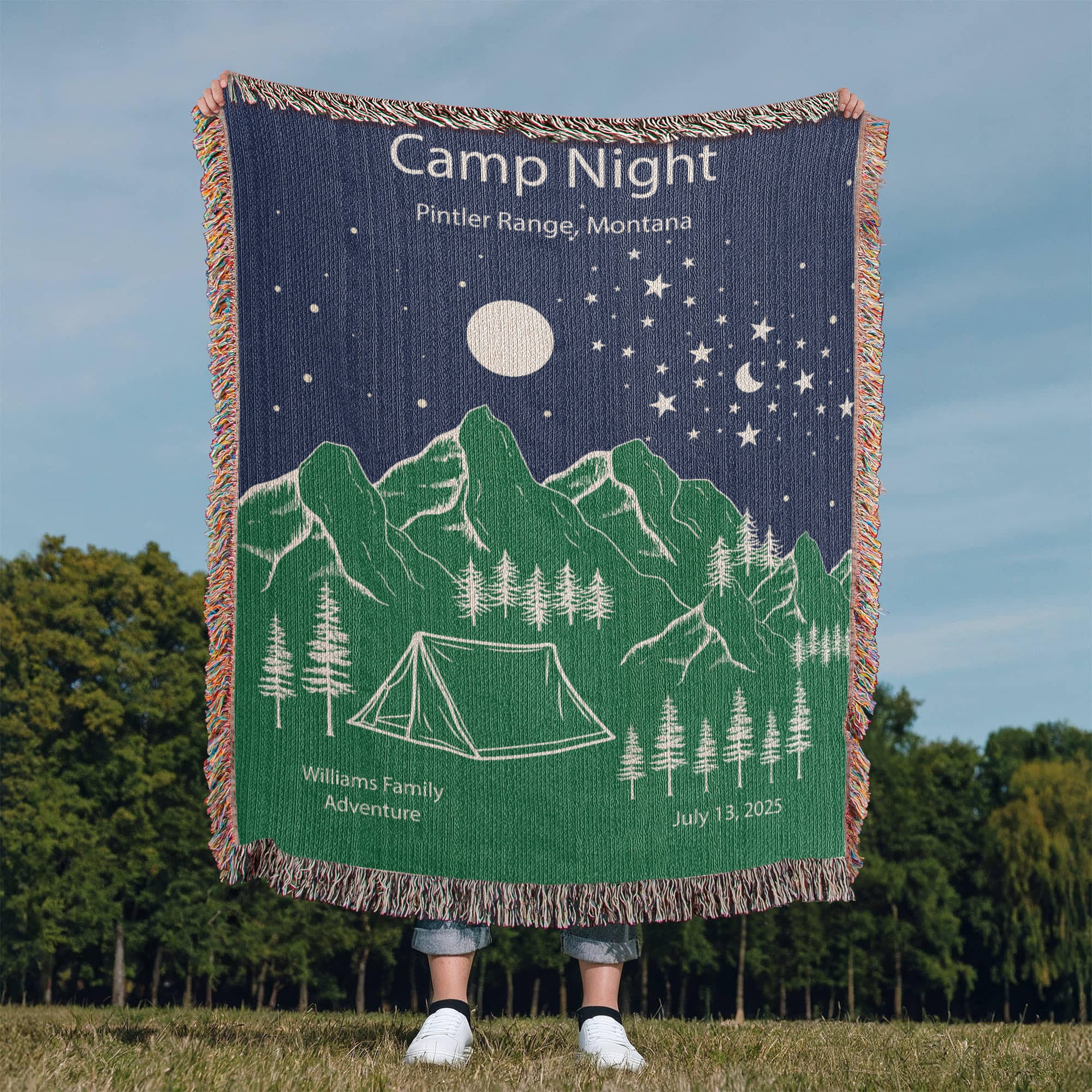 Personalized Camp Night Woven Blanket – Custom Tent Camping Gift, Fleece/Sherpa Throw
