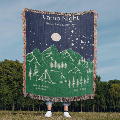 Personalized Camp Night Woven Blanket Custom Tent Camping Gift Throw