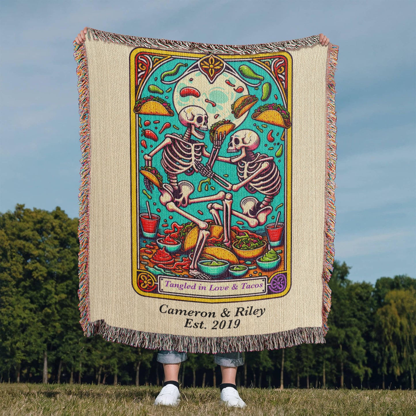 Personalized Love and Tacos Tarot Card Woven Blanket Custom Couple Gift Throw